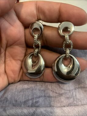 Vintage Silver Drop Hoop Earrings with Pave Links